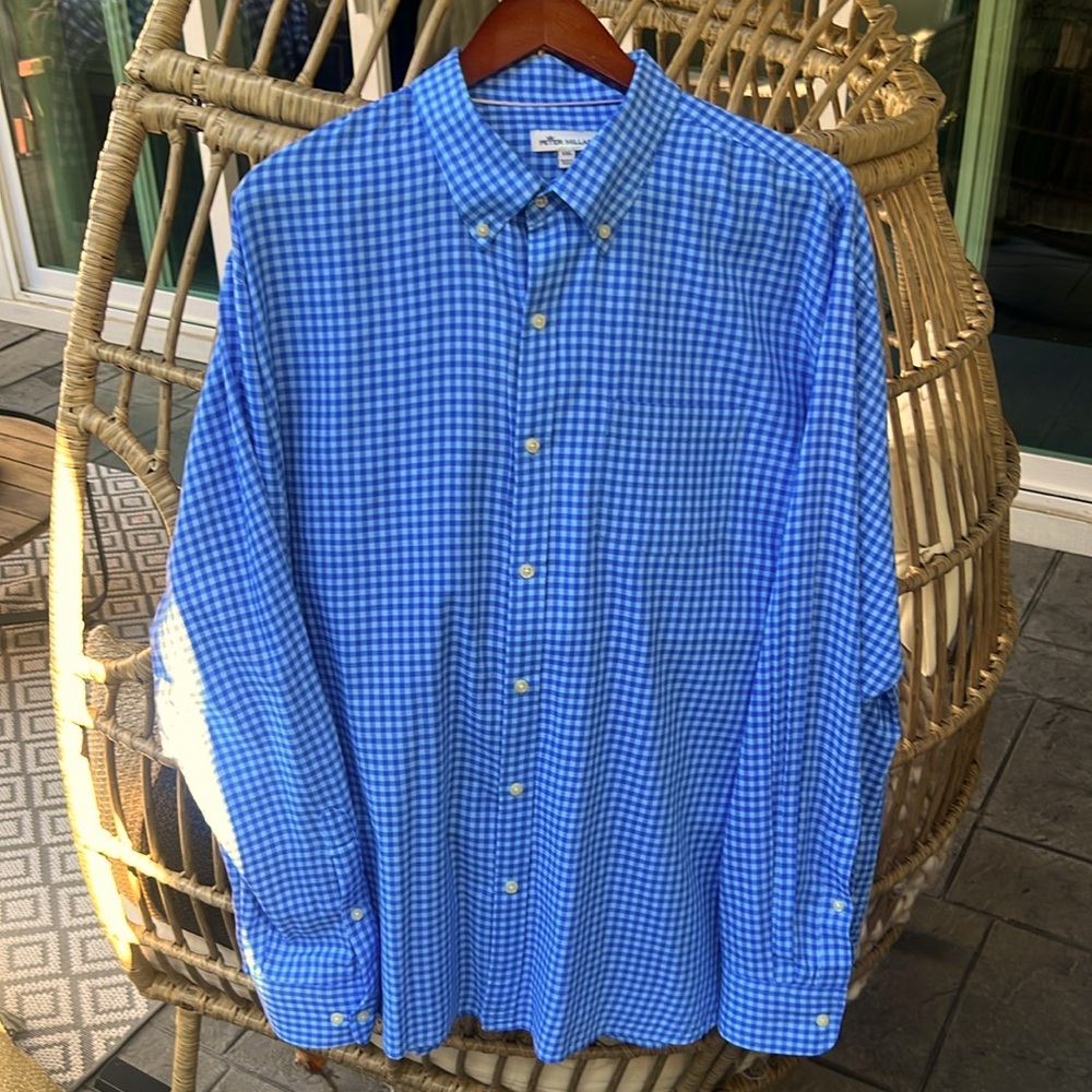 Peter Millar, classic blue check, long sleeve button down sport shirt!